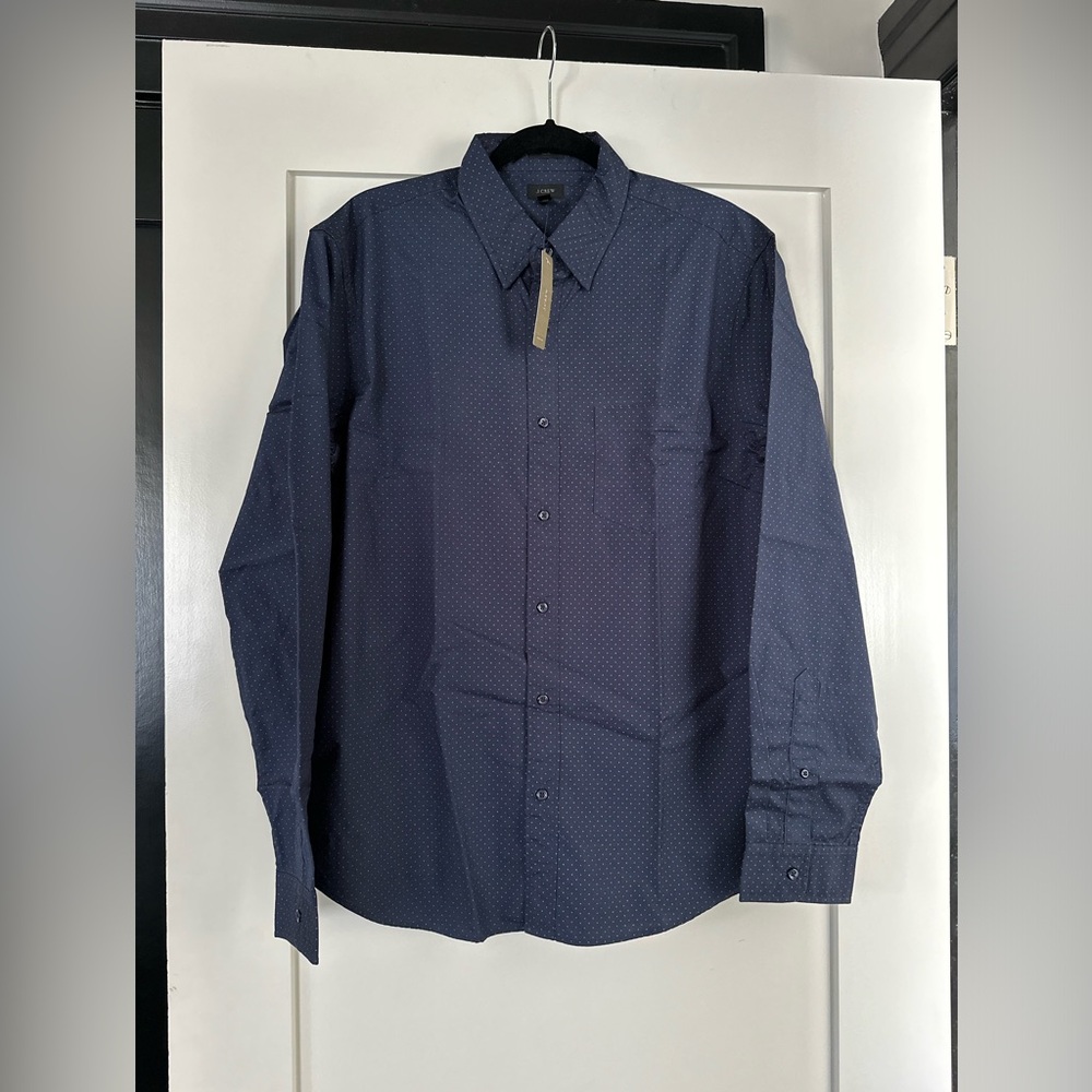 NWT Men’s J. Crew polka dot navy and red button down shirt